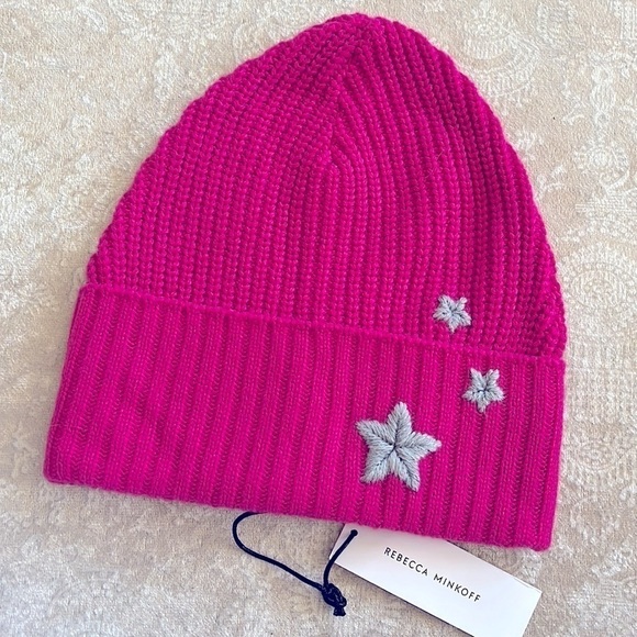 Brand New Rebecca Minkoff Hot Pink Beanie Ribbed Knit Hat w/ Embroidered Stars main image 9